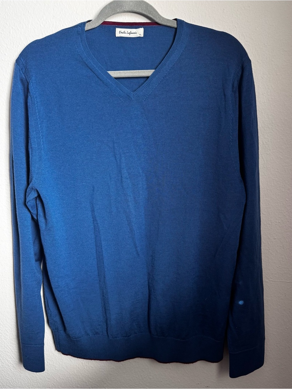 Emile Lafaurie 100% Merino Wool V-Neck Sweater Blue XL